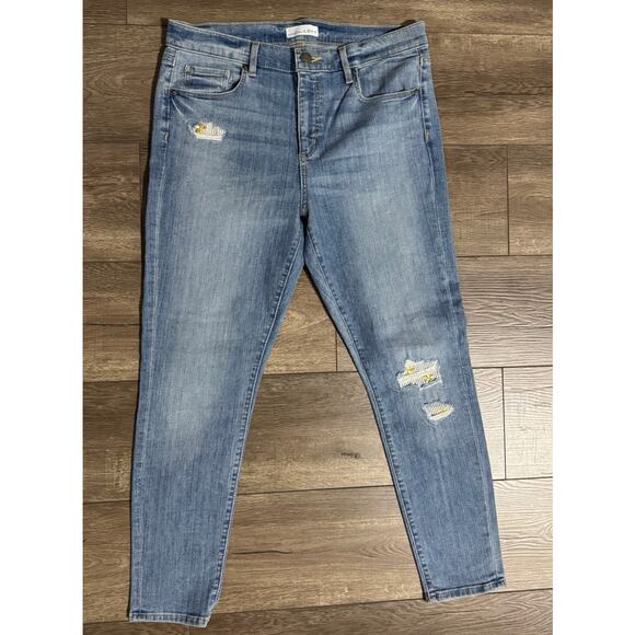 Loft Modern Skinny Distressed Gold Floral Accents Jeans Size 12/ 31 - Picture 1 of 6